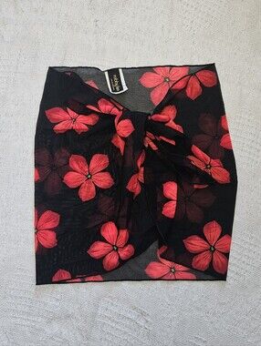Vtg Robby Len Swimfashions Sheer Sarong Swim Coverup Black Red Floral OS